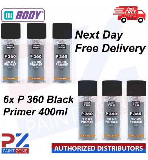 6 x HB Body PRO P360 2K HS PRIMER BLACK Acrylic Car Filler Primer 400ml Aerosol
